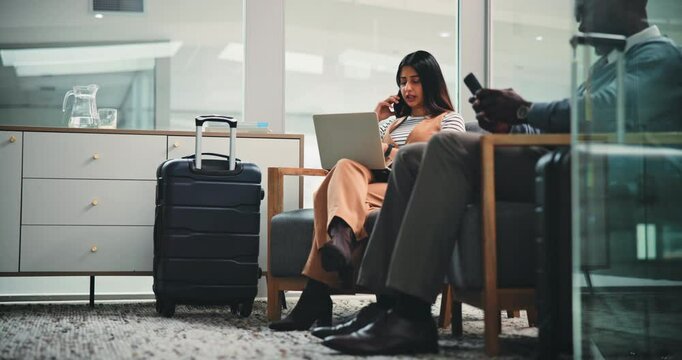 Laptop, suitcase and woman with phone call in lounge for business trip, check watch or flight info. Office, luggage and person speaking to travel contact for time schedule, networking and discussion