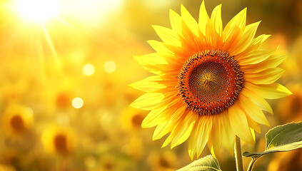 Fototapeta premium Beautiful sunflower in blurred background of field with copy space, banner design. Bright yellow color background with sun and sunlight rays. Spring or summer concept. 