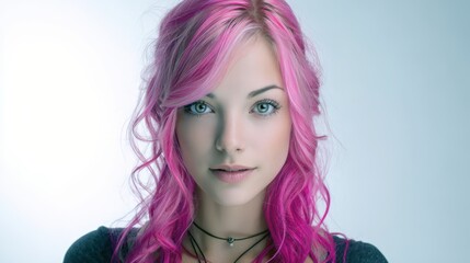 Naklejka premium Stylish woman portrait. Pink hair, calm expression. Ideal for beauty, fashion, and haircare. Websites, magazines, and social media.