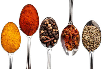 vibrant array of spices artfully displayed in elegant silver spoons  isolated on white background
