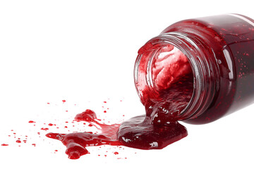  jar of spilled red jam  isolated on white background