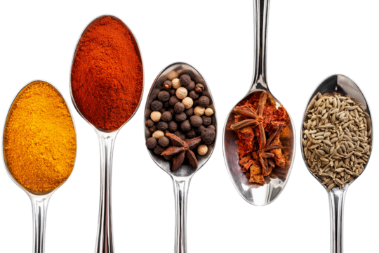 vibrant array of spices artfully displayed in elegant silver spoons  isolated on white background