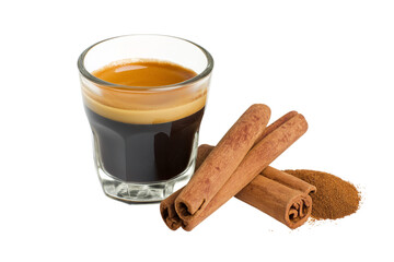 shot of espresso with cinnamon sticks and powder  isolated on white background