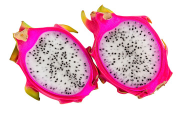 Two halves of  vibrant dragon fruit  isolated on white background