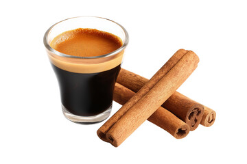  delightful coffee shot with few cinnamon sticks  isolated on white background