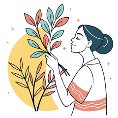 Beautiful woman smelling a branch with leaves in a stylish illustration on transparent background design for natural or wellness concepts.