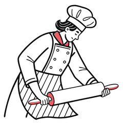 Woman baker rolling dough with a rolling pin and wearing a chef uniform on transparent background for food preparation concept.