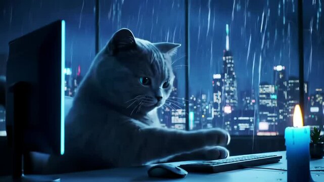 Anthropomorphic cat at computer on rainy night, glowing cityscape and candle
