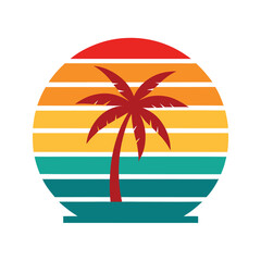 Obraz premium Retro Vintage Sunset at Ocean Coast with Palm Tree