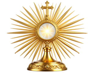 Golden Monstrance with Radiant Sunburst and Cross Top, isolated on a transparent background