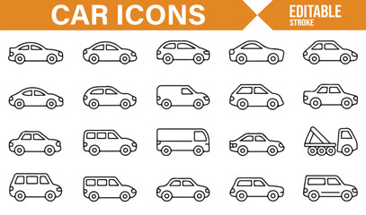 Icon Set Featuring Different Types of Cars, Trucks, and Vans for Web and App Design