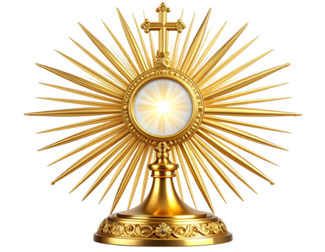 Golden Monstrance with Radiant Sunburst and Cross Top, isolated on a transparent background