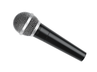 Black microphone with a silver mesh head ideal for music posters, sound recording websites, podcast graphics, and entertainment industry designs.