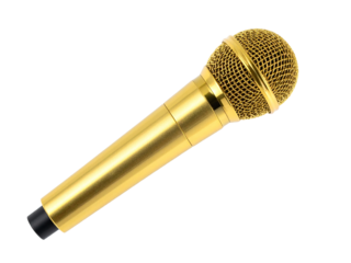 Gold microphone against white background. Perfect for musicrelated designs, podcast graphics, event promotions, or broadcasting concepts. Ideal for artistic projects.
