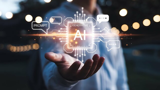 A person's hand presenting a glowing AI concept with digital communication bubbles.