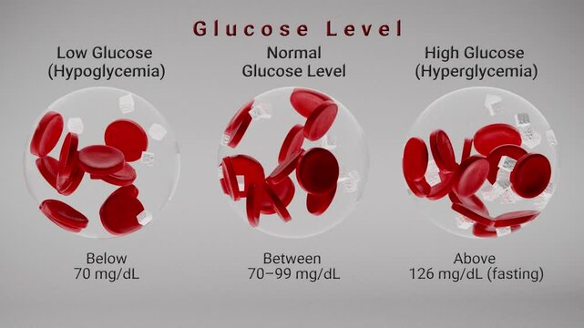 3D animation showing blood glucose levels: hypoglycemia, normal, and hyperglycemia. Red blood cells and glucose particles in bloodstream on gray background. Medical infographic concept