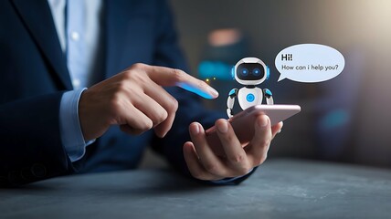 A person interacts with a digital chatbot on a smartphone, receiving assistance.