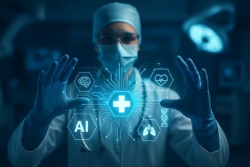 A surgeon interacts with a holographic medical interface displaying AI, DNA, and vital signs.