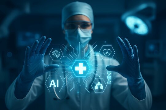 A surgeon interacts with a holographic medical interface displaying AI, DNA, and vital signs.