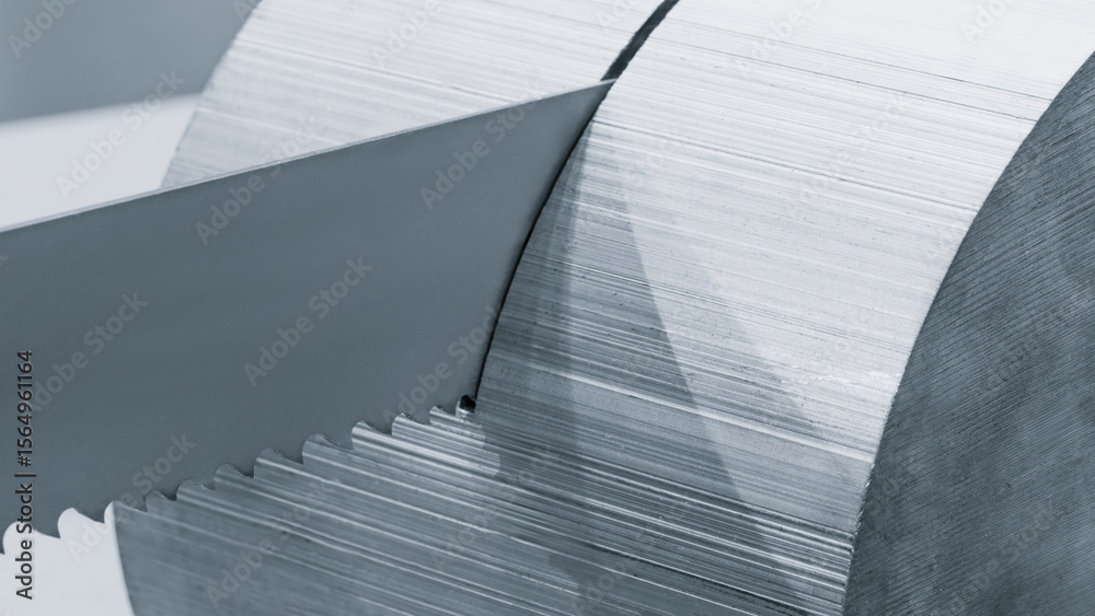 Poster automatic circular saw cutting large metal part with round cross-section, industrial concept background.