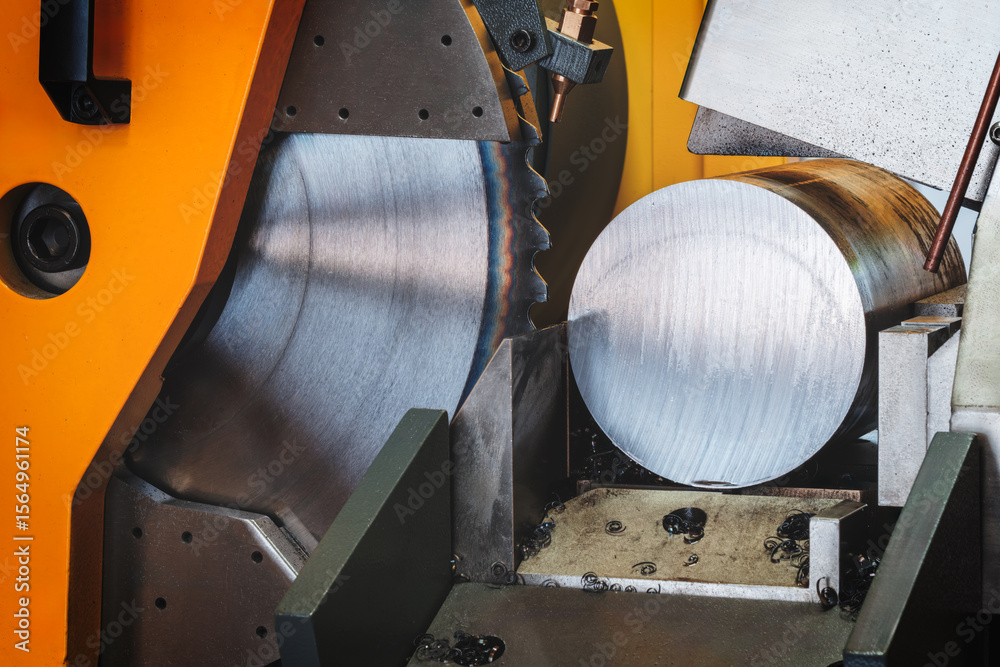 Poster automatic circular saw cutting large metal part with round cross-section, industrial concept backgro