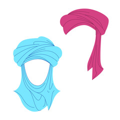 two distinct cultural headwear pieces a blue turban with intricate folds and a flowing pink headscarf representing traditional attire