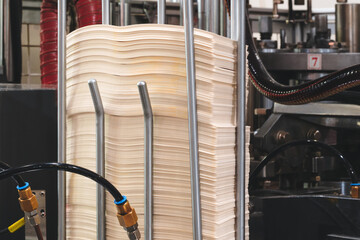 Elements of corton boxes are collected in stack. Conveyor line for the production of boxes. Machine...