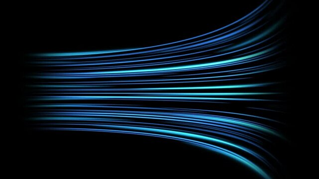 Cold air flow from conditioner effect. air light effect with blue rays. Freezing wind waves air blowing effect. Abstract directional optical fiber neon lines on black Background. Air cooling process