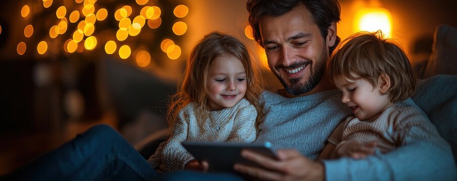 Father bonding with children over a digital tablet at home next to holiday lights - Powered by Adobe