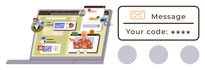 Laptop screen displaying online meetings, charts, messaging apps, and an authentication code prompt. Ideal for digital workspace, online collaboration, virtual meetings, data sharing, remote work