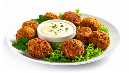 Falafel Delight: Crispy Chickpea Balls with Creamy Tahini Sauce and Fresh Lettuce