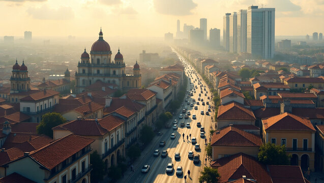A panoramic view of Prague's old town architecture, showcasing its iconic towers, churches, and red roofs under the European sky