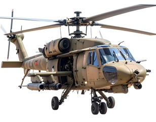 Side View of Tactical Combat Helicopter with Mounted Weapons, isolated on a transparent background