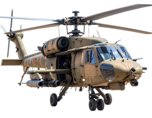 Side View of Tactical Combat Helicopter with Mounted Weapons, isolated on a transparent background