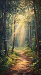 Obraz premium Forest clearing with dappled sunlight filtering through trees.