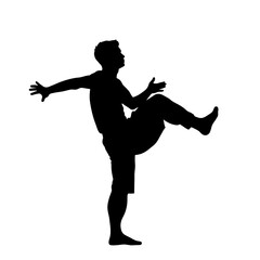 Silhouette of man dancing energetically on white background, concept of print on t-shirt  