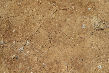 Dry cracked earth surface with small stones and clay texture under sunlight, symbolizing drought, heat, and environmental impact.