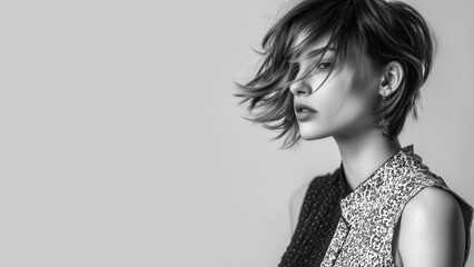 Black and white portrait of a young woman, stylish short haircut playfully sweeping across her face, adding a sense of movement and spontaneity, isolated on clean neutral background. Copy space, 16:9.