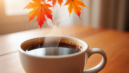cup of coffee on autumn leaves