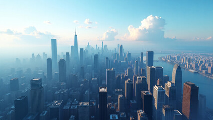 Obraz premium City in fog with a view of the urban skyline, skyscrapers, and buildings