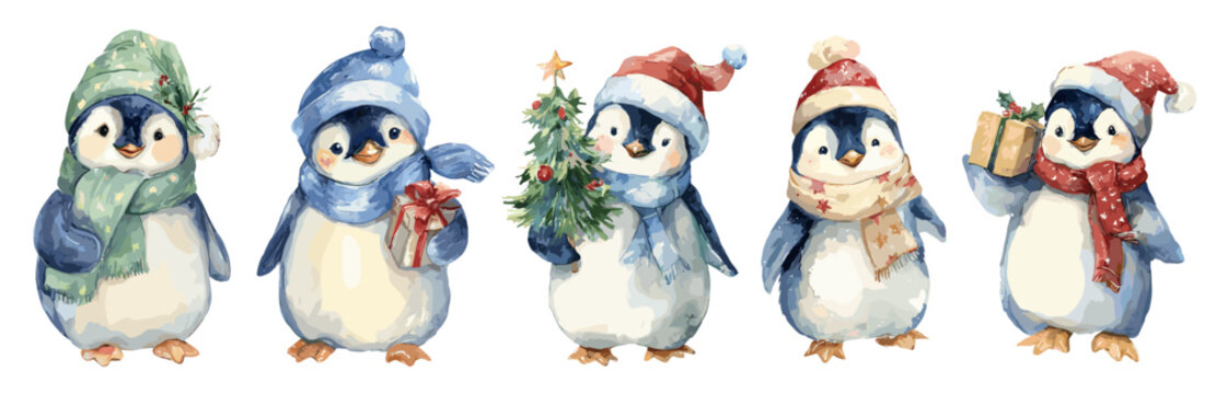 Watercolor cute christmas penguins in santa hats and scarf. Cute characters with gift box and pine tree, vector set
