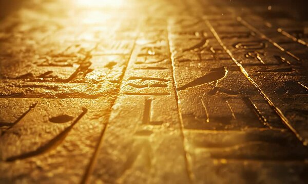 Golden Sunlight Illuminates Ancient Egyptian Hieroglyphs Carved into Stone Surface