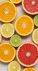Colorful citrus slices arranged on a light background.