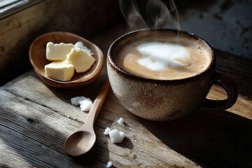Close-up shot of a steaming cup of bulletproof coffee with a rich, creamy foam top, next to fresh butter, coconut oil, on a rustic wooden table.