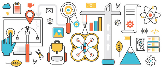 Startup building, new technology. Abstract process of brand projects creation with construction crane, analytics, art designers work and tools in infographic concept banner, thin line art design