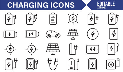 Set of Charging Icons Including Electric Car, Battery, and Solar Power Designs