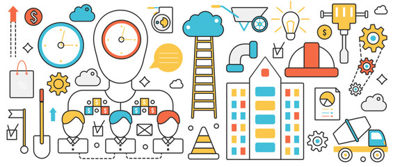 Construction technology. Abstract team of architects, engineer workers and contractors work on building project, time management and communication in infographic concept banner, thin line art design
