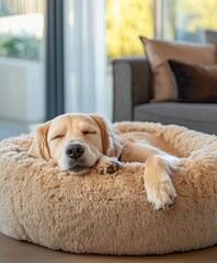 Golden retriever dog peacefully sleeping in soft fluffy dog bed near window in cozy sunlit living room