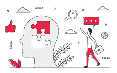 Business research on professional right decision. Human resources jigsaw puzzle solution vector monocolor illustration