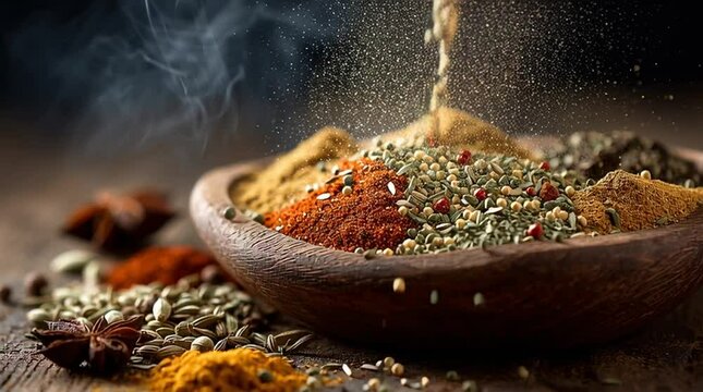 Assortment of vibrant spices including chili powder cumin coriander falling from a wooden spoon into a rustic bowl on a dark background